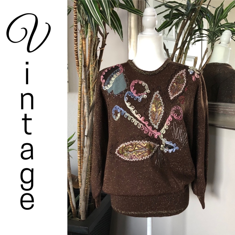 VTG 80s WOOBEE Brown Metallic Gold Wool Sweater